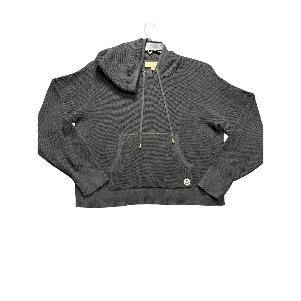 Michael Kors Hoodie Womens Medium Black Knit Waffle Gold Logo Pullover